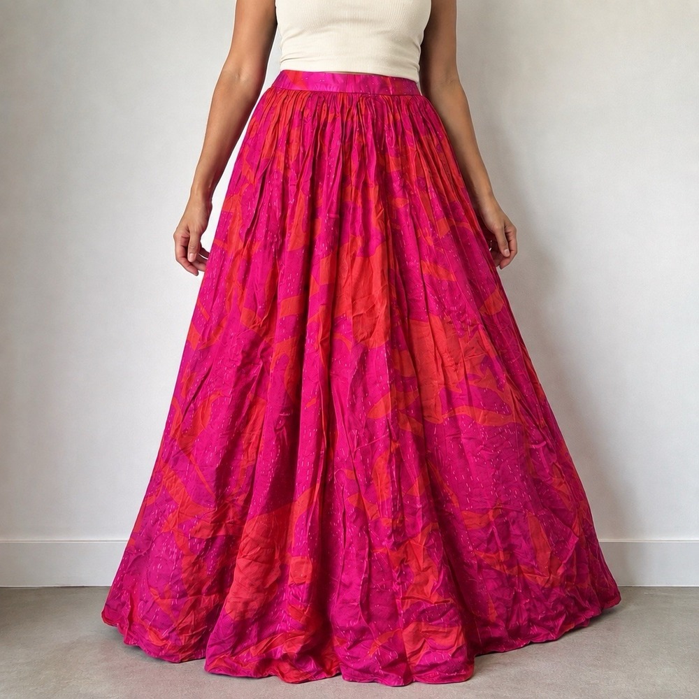 Pink Orange Satin Lehenga Maxi Skirt M 30"W Voluminous Lined Festival Boho India